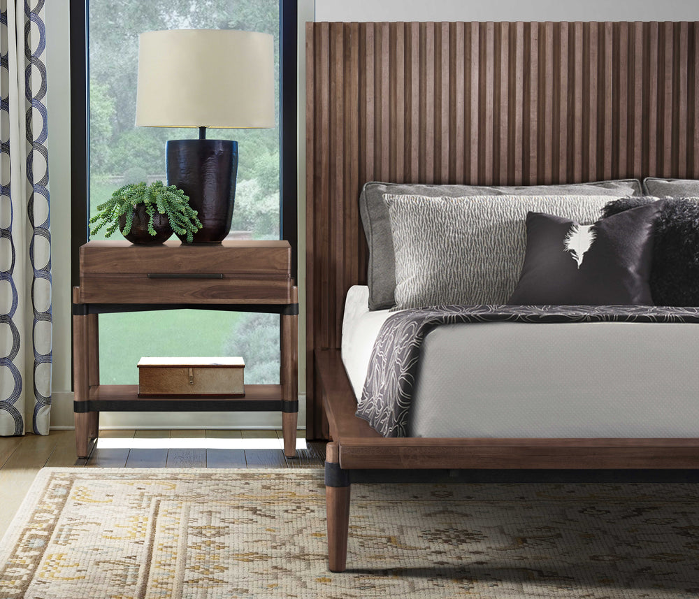 English Elm Tranquilty Mid-century Walnut Veneer Nightstand Open Shelf Tapered Legs Bedroom Storage B108P411445