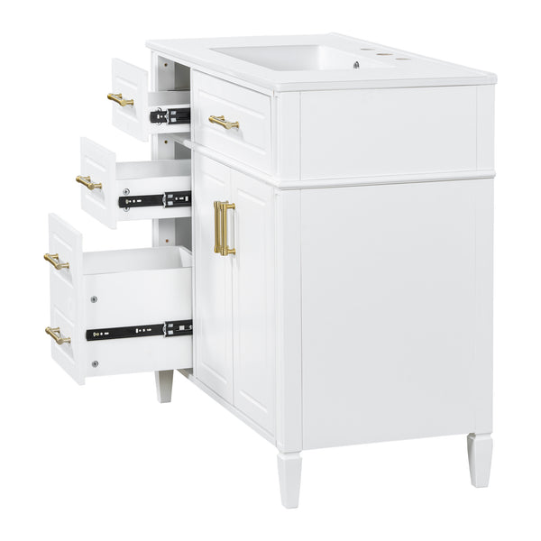 English Elm 36 Inch Freestanding Bathroom Vanity Sage Pine Cabinet Gold Hardware Ceramic Sink White N725P366466K