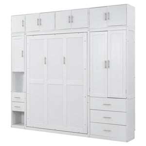 English Elm Full Full Size Murphy Bed with Lockers & Wardrobes in White — Space-Saving Foldaway Cabinet, Shelves, Drawers, Installation Video Included GX000392AAK
