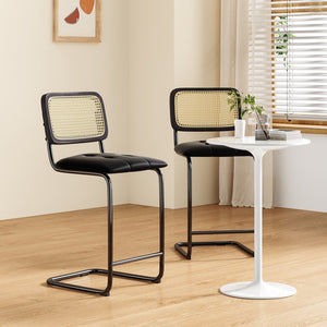 English Elm Counter Height Bar Stools Set Of 2 - Stylish Pu Leather & Rattan Back For Modern Kitchen Decor T3623P360901