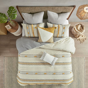 English Elm King/Cal Cody 3-Piece Cotton Duvet Cover Set with Grey-Yellow Stripes, Pompoms, OEKO-TEX Certified Elegance B035129129