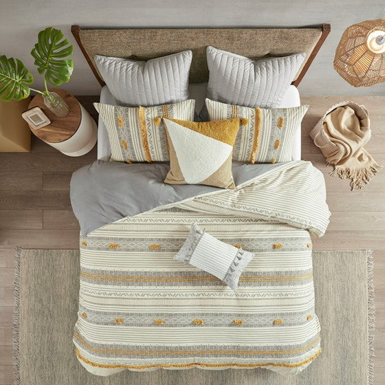 English Elm King/Cal Cody 3-Piece Cotton Duvet Cover Set with Grey-Yellow Stripes, Pompoms, OEKO-TEX Certified Elegance B035129129
