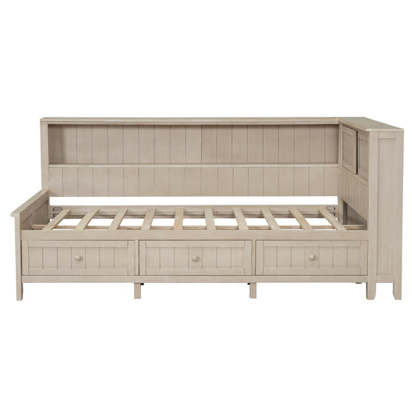 English Elm Twin Wood Daybed with 3 Drawers & Open Shelves, Antique White Milk Finish — Storage, Classic Charm, Twin Size Craftsmanship GX002213AAK