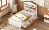 English Elm Twin Size House-Shaped Wooden Bed With Storage Shelf On The Headboard, Built-In Two Storage Drawers, Brown