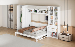 English Elm Queen Murphy Wall Bed Cabinet System with Wardrobe Drawers and Shelving in White Mdf LP000384AAK-1
