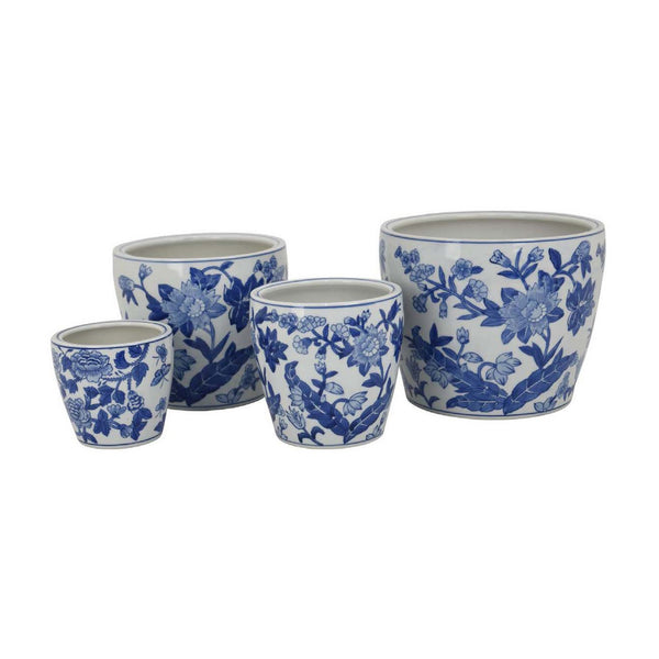 English Elm Kerry Blue Floral White Ceramic Planter Collection Four Graduated Pots for Indoor Garden Display White+Blue B056P416928