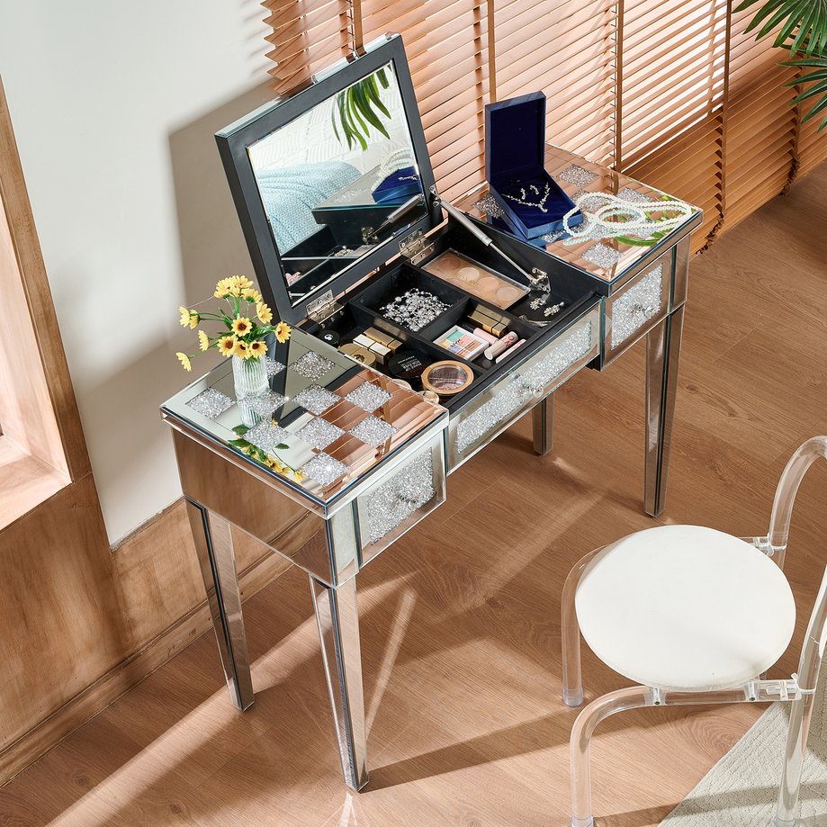 English Elm Mirrored Checkerboard Vanity Desk with Cushioned Diamond Inlay & Crystal Ball Handles, 45.5"L N844P304363S