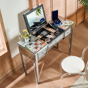 English Elm Mirrored Checkerboard Vanity Desk with Cushioned Diamond Inlay & Crystal Ball Handles, 45.5"L N844P304363S