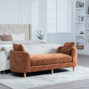 English Elm 77.17" Chenille Chaise Bench with Bolster Pillows Rubberwood Base for Bedroom Lounge W3189S00041