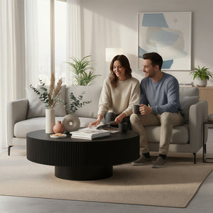 English Elm Round Fluted Pedestal Coffee Table Mid Century Mdf Base for Compact Living Spaces W3204P390987