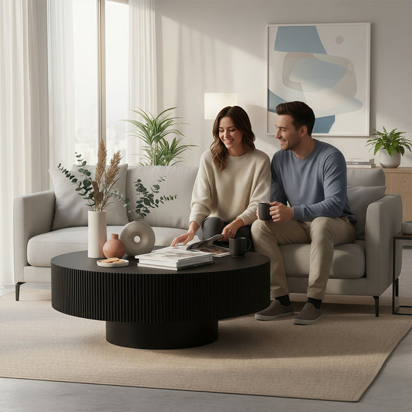 English Elm Round Fluted Pedestal Coffee Table Mid Century Mdf Base for Compact Living Spaces W3204P390987