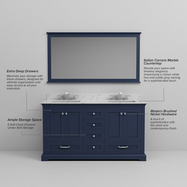 English Elm Navy Double Bath Vanity 60" W x 22" D with Carrara Marble Top, Chrome Faucet, Soft-Close Storage Elegance B2731P258380