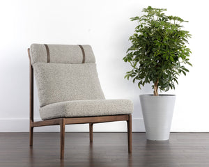 Sunpan ELANOR Lounge Chair - Stylish Walnut Frame with Copenhagen Cappuccino Boucle & Leather Straps 112585