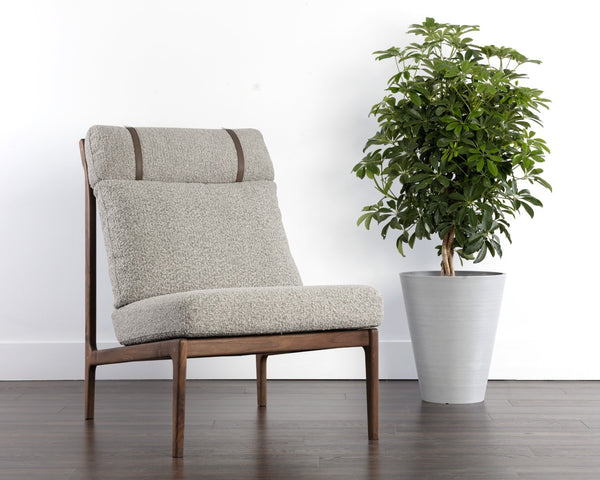Sunpan ELANOR Lounge Chair - Stylish Walnut Frame with Copenhagen Cappuccino Boucle & Leather Straps 112585