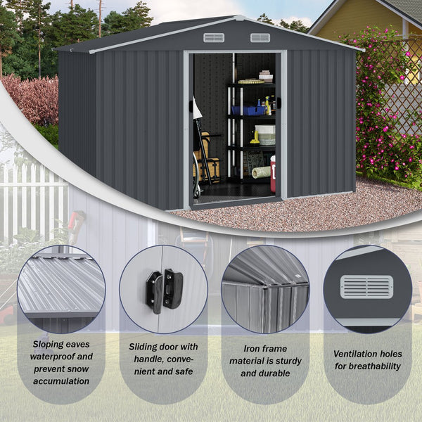 English Elm Outdoor Galvanized Steel Storage Shed 8x10 Ft with Sliding Door and Air Vents W2911S00002
