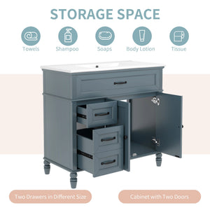 English Elm 36" Modern Bathroom Vanity with Ceramic Sink, Solid Wood + MDF Frame, Sleek Freestanding Design Blue N725P195410C