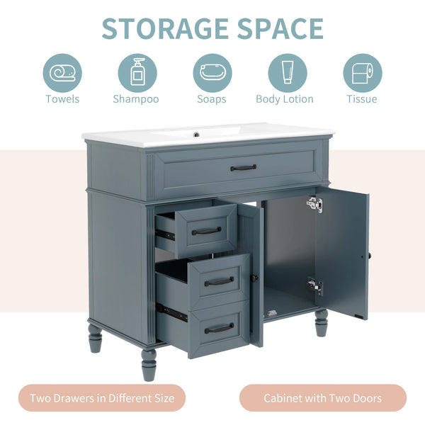 English Elm 36" Modern Bathroom Vanity with Ceramic Sink, Solid Wood + MDF Frame, Sleek Freestanding Design Blue N725P195410C