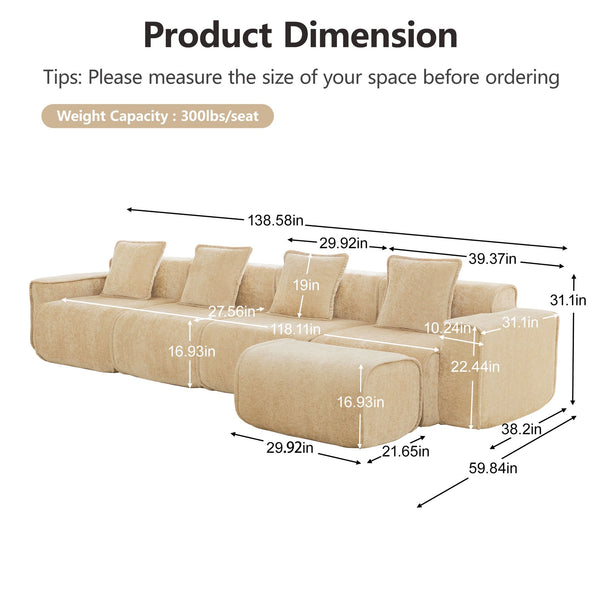 English Elm Streamlined Modular L-shaped Sectional Velvet Sofa with Ottoman and Tailored Piping Detail Light Camel W3041S00355