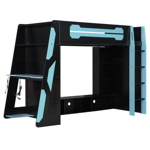 English Elm Twin Gaming Loft Bed with Desk Rgb Lighting and Multi-tier Shelves for Teen Rooms Blue LT000160AAC