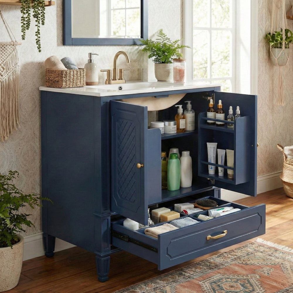 English Elm [video] 30 Inch Bathroom Vanity Acacia Wood Vintage Style Ceramic Sink Soft Close Storage N759P313313C
