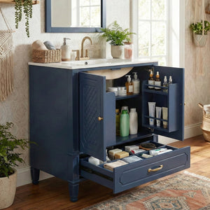 English Elm [video] 30 Inch Bathroom Vanity Acacia Wood Vintage Style Ceramic Sink Soft Close Storage N759P313313C