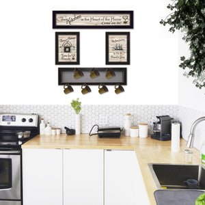 English Elm "kitchen Culinary Art Panel with 7 Peg Mug Rack Handcrafted Wood Black Frame Wall Decor B06787078
