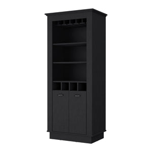English Elm Hampton Tall Bar Cabinet with Wine Rack Glass Holder and Enclosed Storage Shelves B128S00226