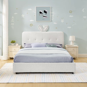 English Elm Full Size Kids Storage Bed Boucle Upholstered Rabbit Ear Headboard with Led Lighting Beige W1413P384924