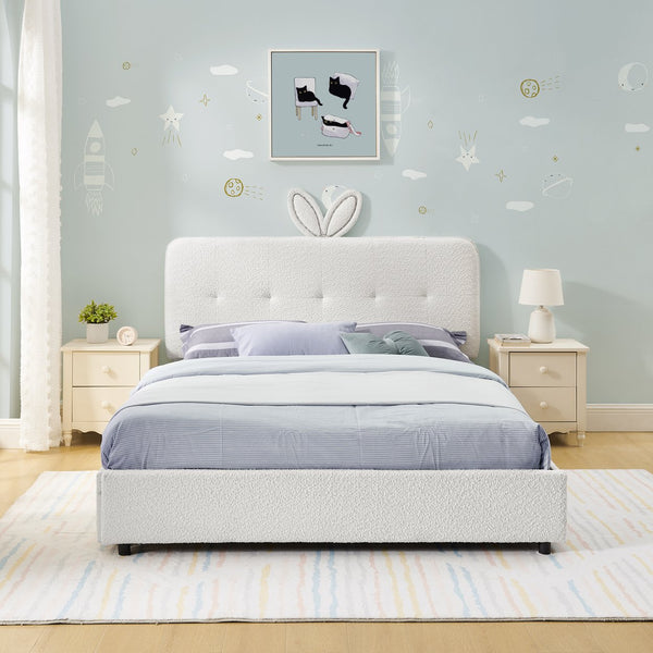 English Elm Full Size Kids Storage Bed Boucle Upholstered Rabbit Ear Headboard with Led Lighting Beige W1413P384924