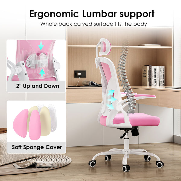 English Elm Ergonomic Office Chair - Stylish High Back With Adjustable Headrest & Lumbar Support, White & Pink T3623P380928