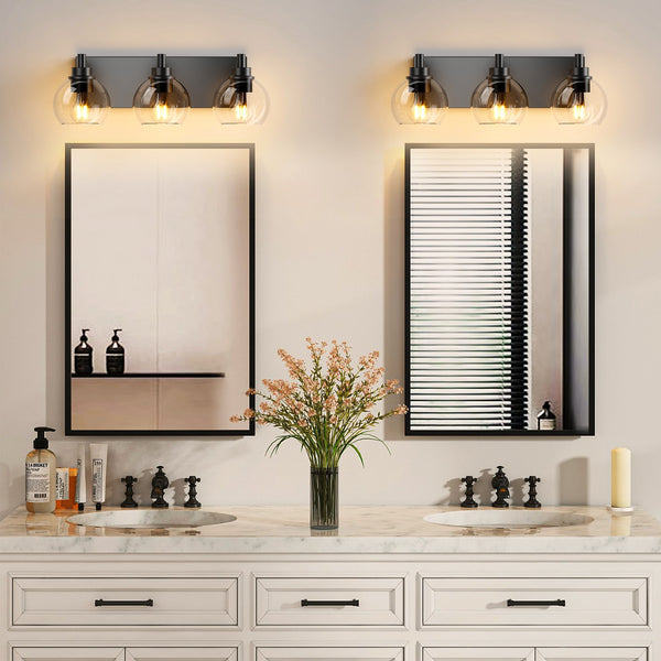 English Elm Bathroom Vanity Light - Modern 3-Light Fixture With Clear Glass Shades & Matte Black Metal Base W1340P353039
