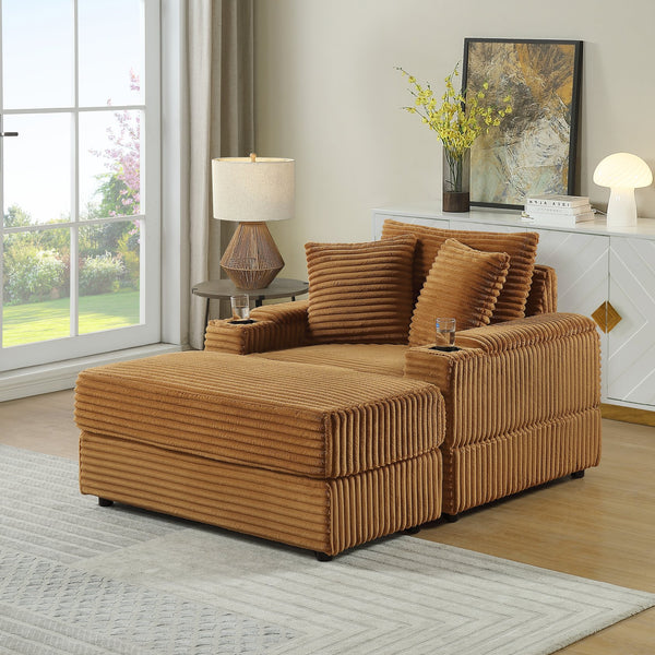English Elm sofa Oversized Corduroy Deep-Seat Chaise with Ottoman and Lumbar Support — Plush, Sturdy Comfort Brown W1420S00011