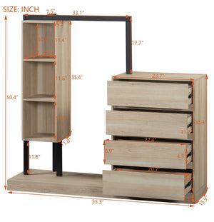 English Elm Wardrobe with 4 Drawers 3 Shelves – Spacious Natural/Wood/White Storage Cabinet, Durable MDF, Easy Assembly, Sleek Design, 55.3" L x 50.4" H N820P196888N