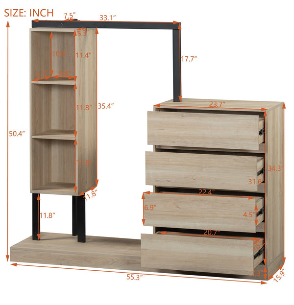 English Elm Wardrobe with 4 Drawers 3 Shelves – Spacious Natural/Wood/White Storage Cabinet, Durable MDF, Easy Assembly, Sleek Design, 55.3" L x 50.4" H N820P196888N