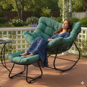 English Elm Dark Wicker Egg Rocking Chair with Ottoman Outdoor Pe Woven Patio Lounge Set Green B082P455172