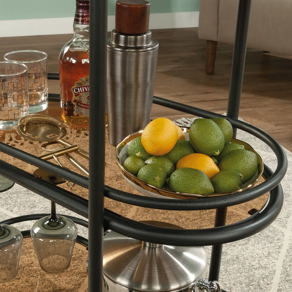 English Elm Bar Cart Black finish with Amber Tempered Glass Shelves, Powder-Coated Metal Frame, Casters for Small Spaces B356P354498