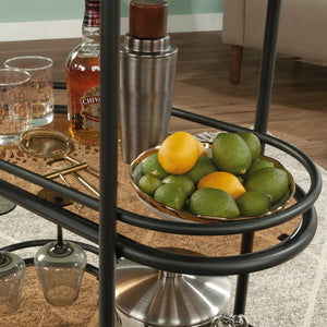 English Elm Bar Cart Black finish with Amber Tempered Glass Shelves, Powder-Coated Metal Frame, Casters for Small Spaces B356P354498