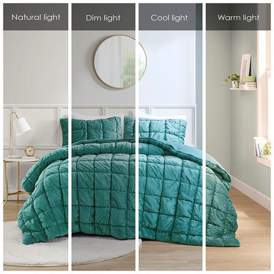 English Elm Full/Queen Plush Velvet Comforter Set with Box Quilting & Down Alternative Fill for Cozy Bedrooms Teal 22.05 L x 19.68 W x 14.57 H B035P203241