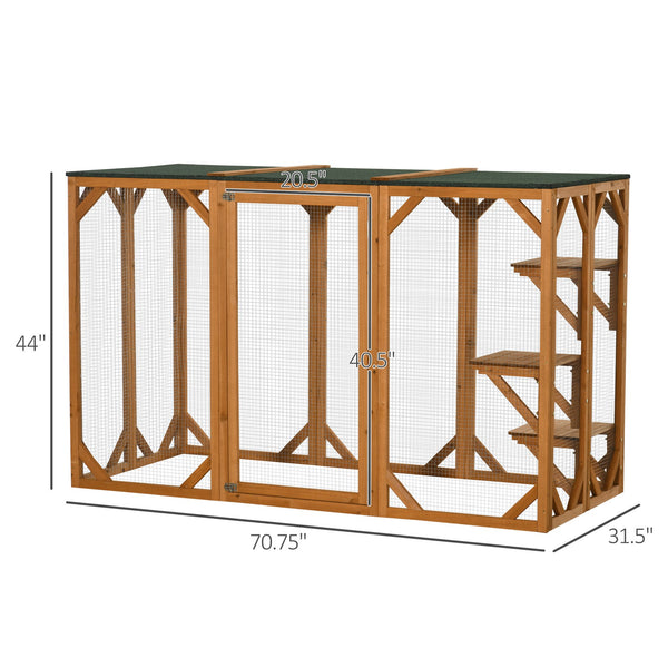 English Elm Pawhut Wooden Outdoor Catio Enclosure with Mesh Walls Climbing Platforms Asphalt Roof W2225P173769