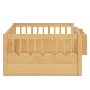 English Elm Twin Low Profile Kids Floor Bed Pine Wood Frame with Safety Rail and Built in Bookshelf Natural W1580P373137