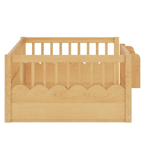 English Elm Twin Low Profile Kids Floor Bed Pine Wood Frame with Safety Rail and Built in Bookshelf Natural W1580P373137
