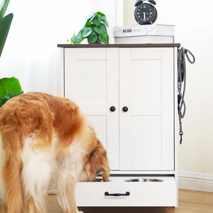 English Elm Dog Feeding Station Cabinet with Pull Out Bowls Storage Hooks White Pet Organizer W1687P205402