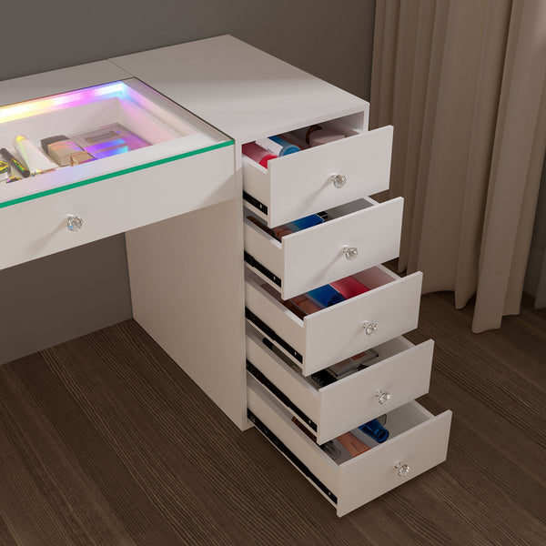 English Elm 51.2" Vanity Desk Modern Glass Top with RGB Strip, 11 Drawers, Smart Touch, 6-Mode LED Ambiance W3660S00002