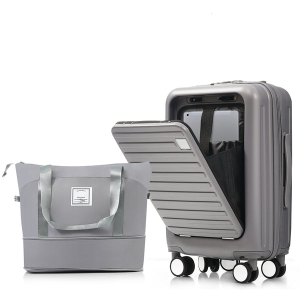 English Elm Front Opening Abs Hard Shell Carry on Set with Usb Port Cup Holder and Spinner Wheels Grey N726P268998E