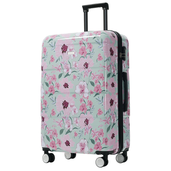 English Elm 6 Piece Hardshell Abs Travel Set with Spinner Wheels Combination Lock and Toiletry Bag Green & Pink Flower N732P391160F