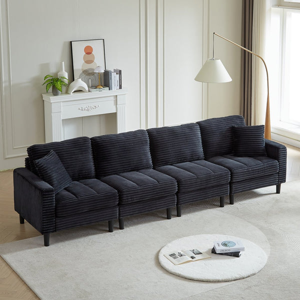 English Elm 122.5-Inch Oversized U-Shaped Modular Sofa Corduroy Sectional with Double Chaise, Ottoman, Pillows and Plastic Legs Black W1193S00121