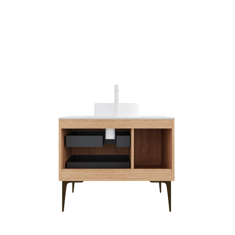 English Elm MUNIN 36" Freestanding Bathroom Cabinet with Carrara Sintered Top, Light Oak Plywood, 2 Drawers & 1 Door W2615P301450