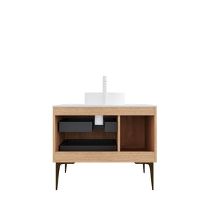 English Elm MUNIN 36" Freestanding Bathroom Cabinet with Carrara Sintered Top, Light Oak Plywood, 2 Drawers & 1 Door W2615P301450