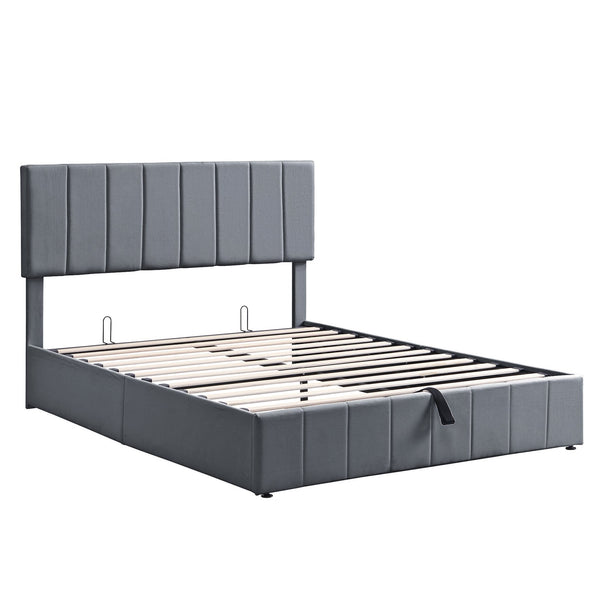 English Elm Queen Linen Upholstered Platform Bed with Hydraulic Lift Storage and Padded Headboard N708P201552E