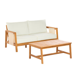 English Elm 2 Piece Outdoor Acacia Wood Loveseat and Coffee Table Set with Textilene Weave Cushions Brown,Teak+ Beige N768P368824T